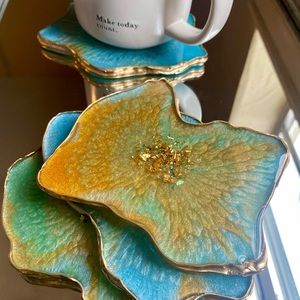 Turquoise & Orange resin coasters.